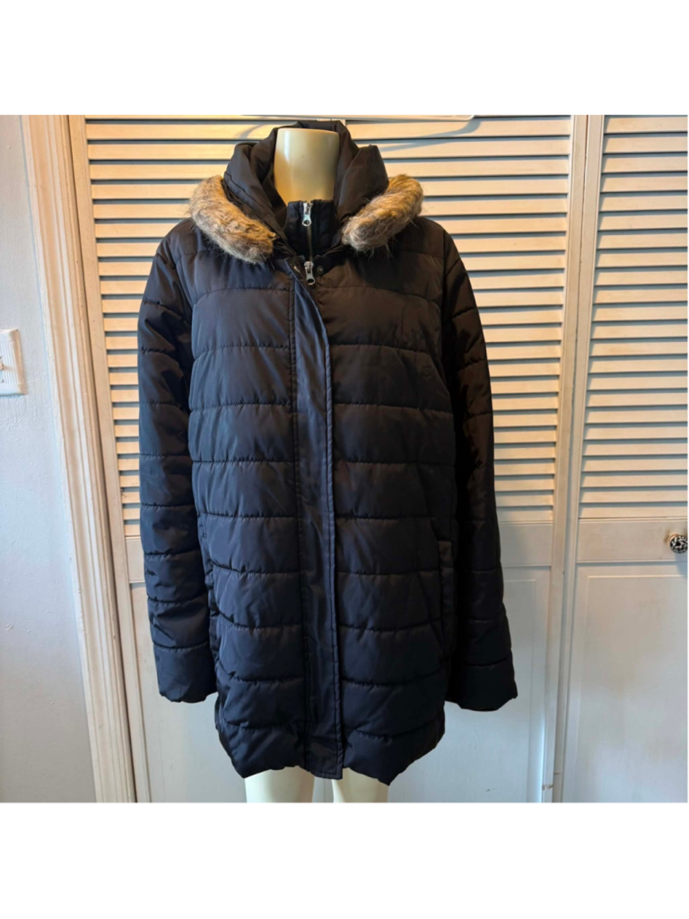 Time Tru Women's 3X Black Puffer Winter Coat Faux Fur Hood Jacket